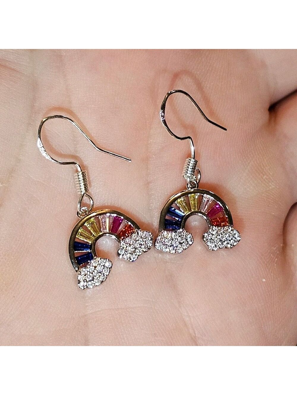 Silver tone Rainbow Dangle Drop Hook Earrings Multicolor Baguette